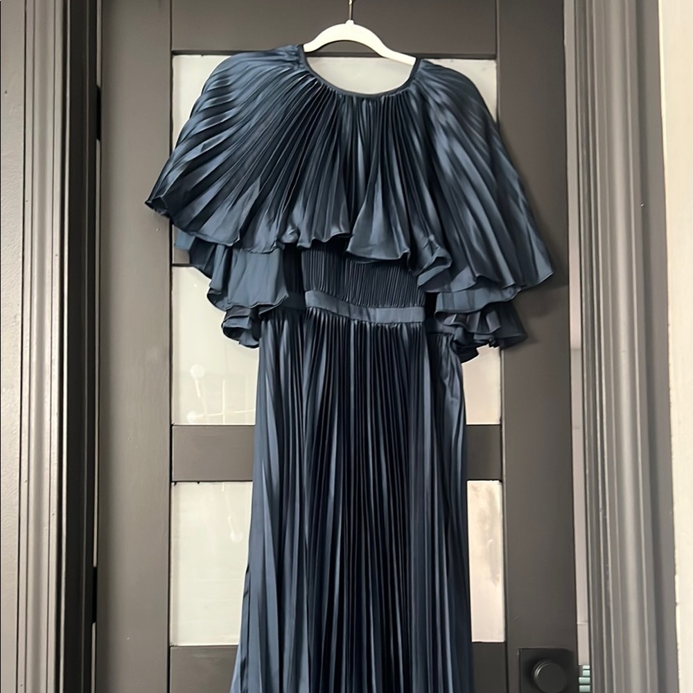 Mac Duggal Navy Pleated Midi Dress